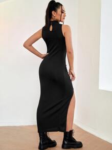 SHEIN BAE Đầm Nút Cắt ra màu trơn Gợi cảm - màu đen - Xem 2