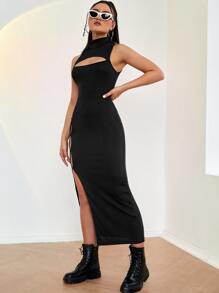 SHEIN BAE Đầm Nút Cắt ra màu trơn Gợi cảm - màu đen - Xem 5