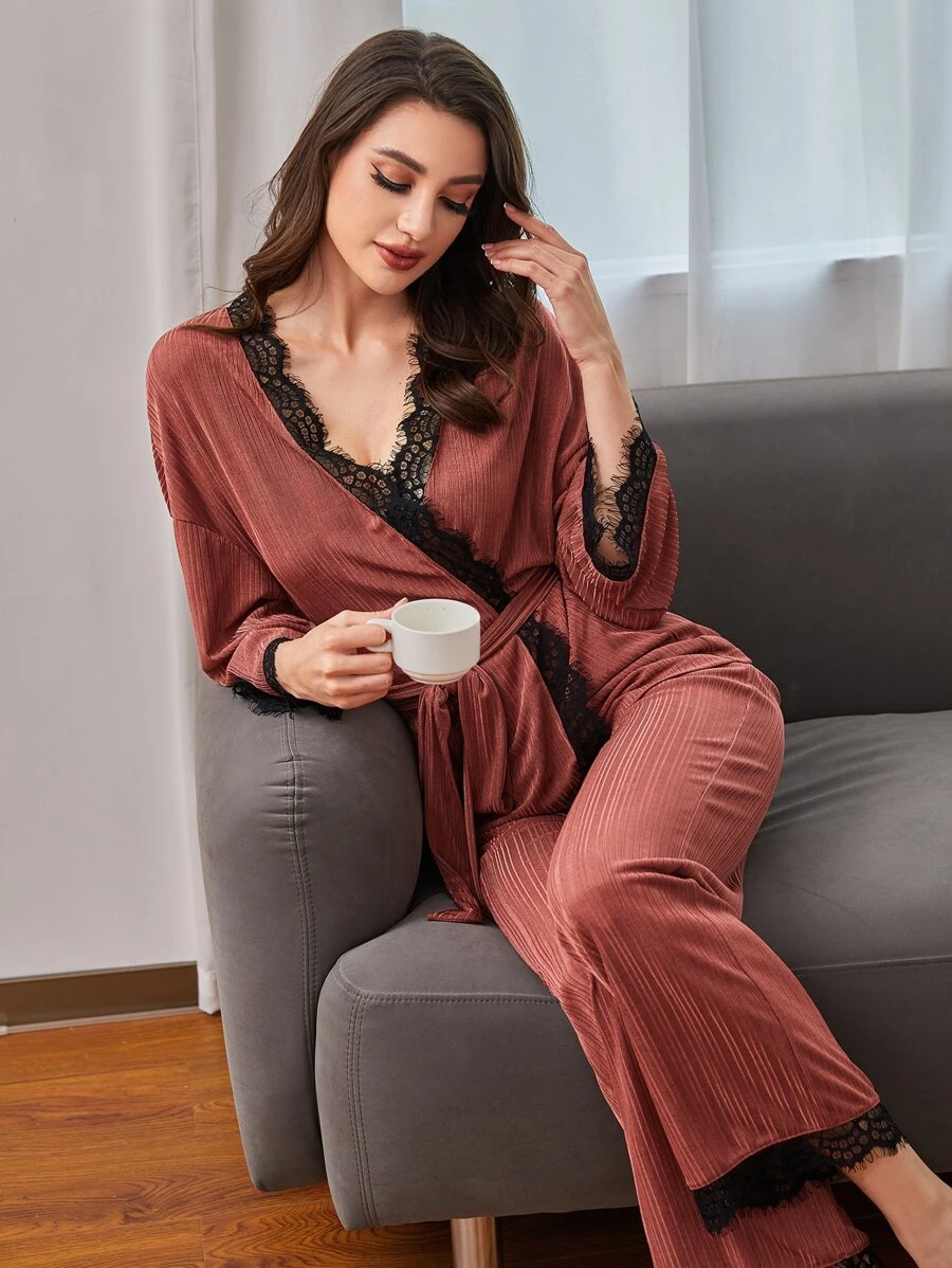 SHEIN Lace Trim Belted Pyjama Set - Redwood - View 1