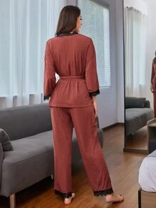SHEIN Lace Trim Belted Pyjama Set - Redwood - View 2