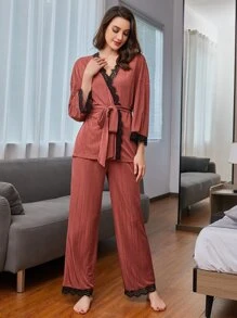 SHEIN Lace Trim Belted Pyjama Set - Redwood - View 3