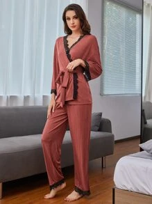 SHEIN Lace Trim Belted Pyjama Set - Redwood - View 5