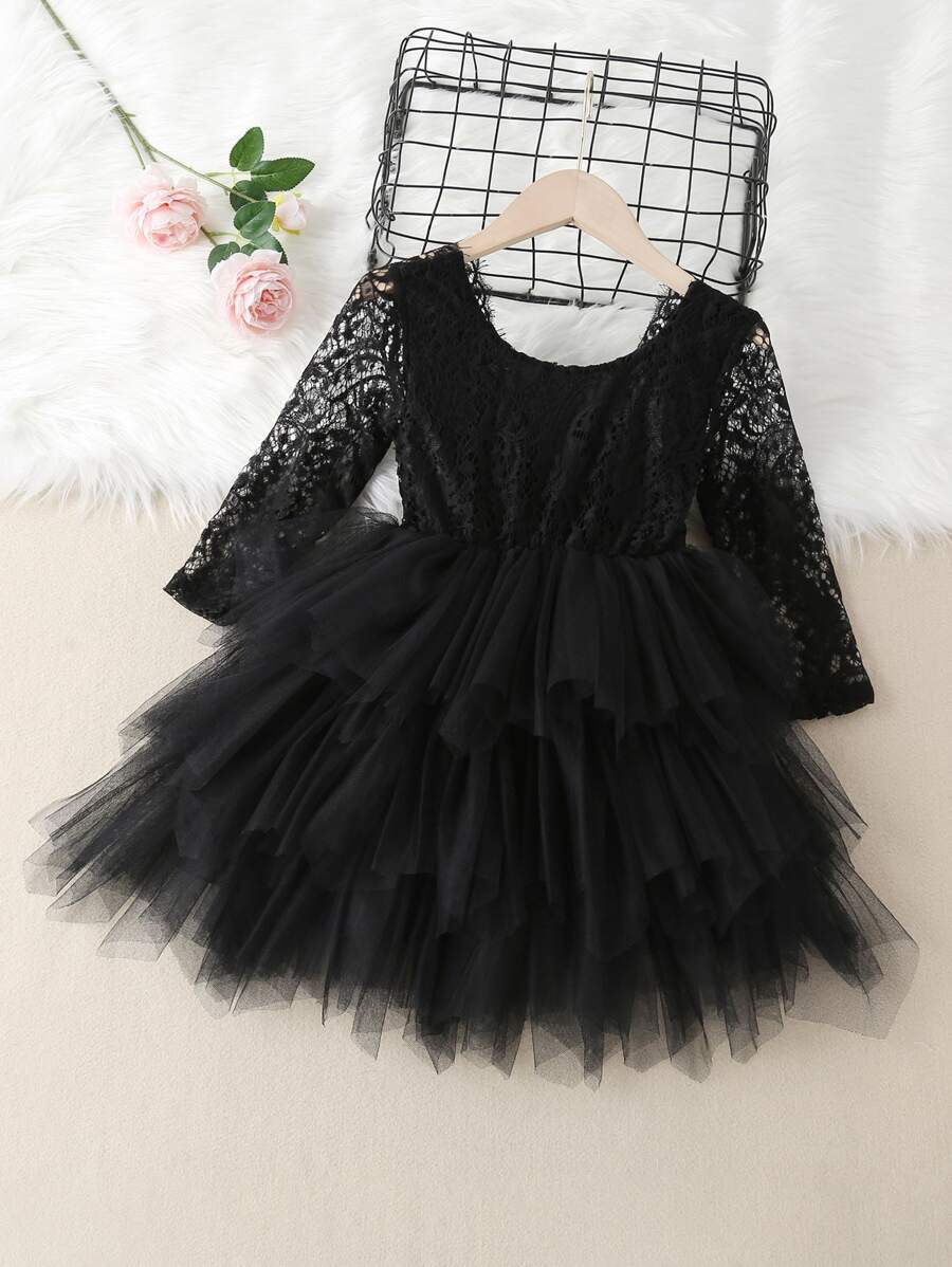 Young Girl Lace And Mesh V-Back Layered Dress - Black - View 1