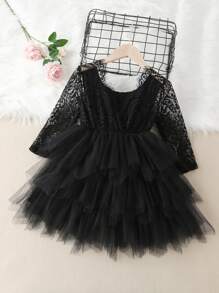 Young Girl Lace And Mesh V-Back Layered Dress - Black - View 2