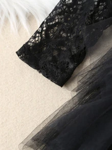 Young Girl Lace And Mesh V-Back Layered Dress - Black - View 3