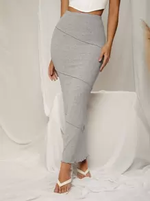 SHEIN SXY 高腰接缝细节生菜边铅笔裙 - 灰色 - 查看 1