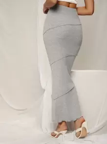 SHEIN SXY 高腰接缝细节生菜边铅笔裙 - 灰色 - 查看 2