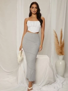 SHEIN SXY 高腰接缝细节生菜边铅笔裙 - 灰色 - 查看 5