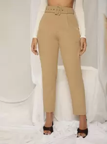 High Waist Belted Tapered Pants - Khaki - View 1