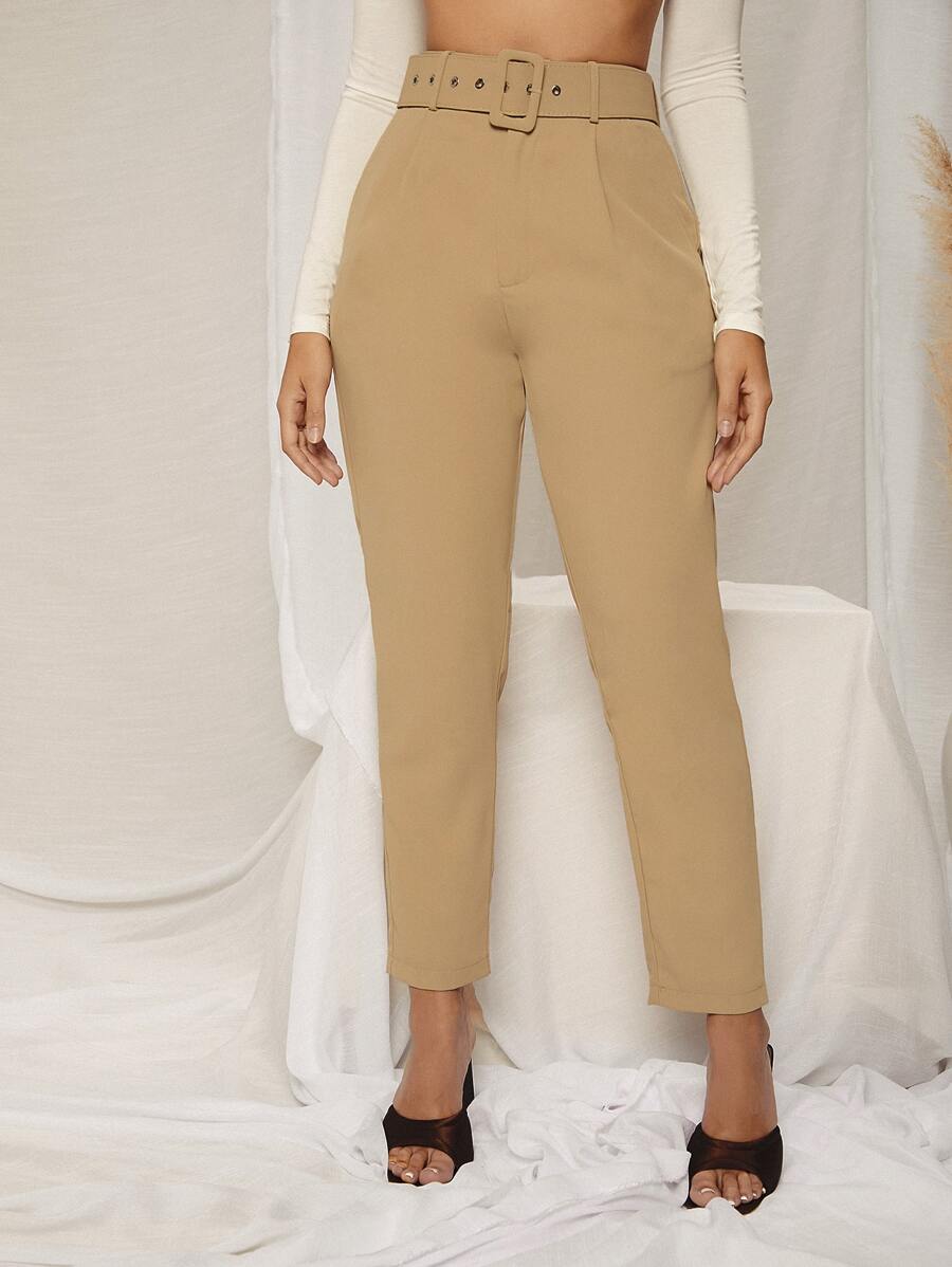 High Waist Belted Tapered Pants - Khaki - View 1