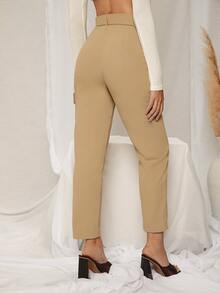 High Waist Belted Tapered Pants - Khaki - View 2