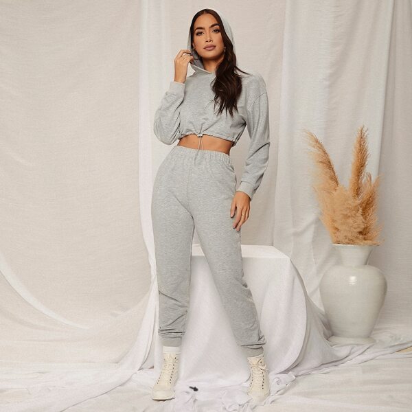 

Drop Shoulder Drawstring Hem Hoodie & Sweatpants, Light grey
