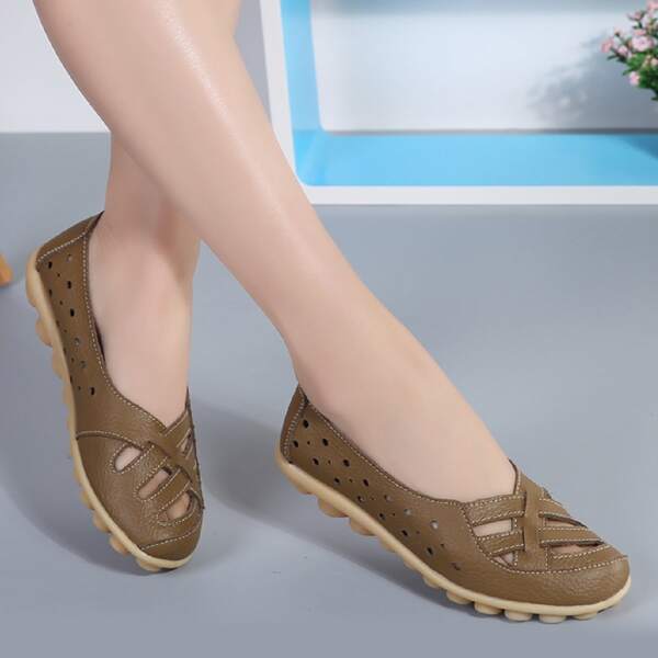 

Cross Strap Hollow Out Flats, Brown