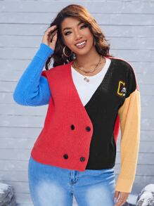 SHEIN EZwear Plus Panda and Letter Patched Detail Colorblock Cardigan - Multicolor - View 3