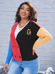 SHEIN EZwear Plus Panda and Letter Patched Detail Colorblock Cardigan - Multicolor - View 1