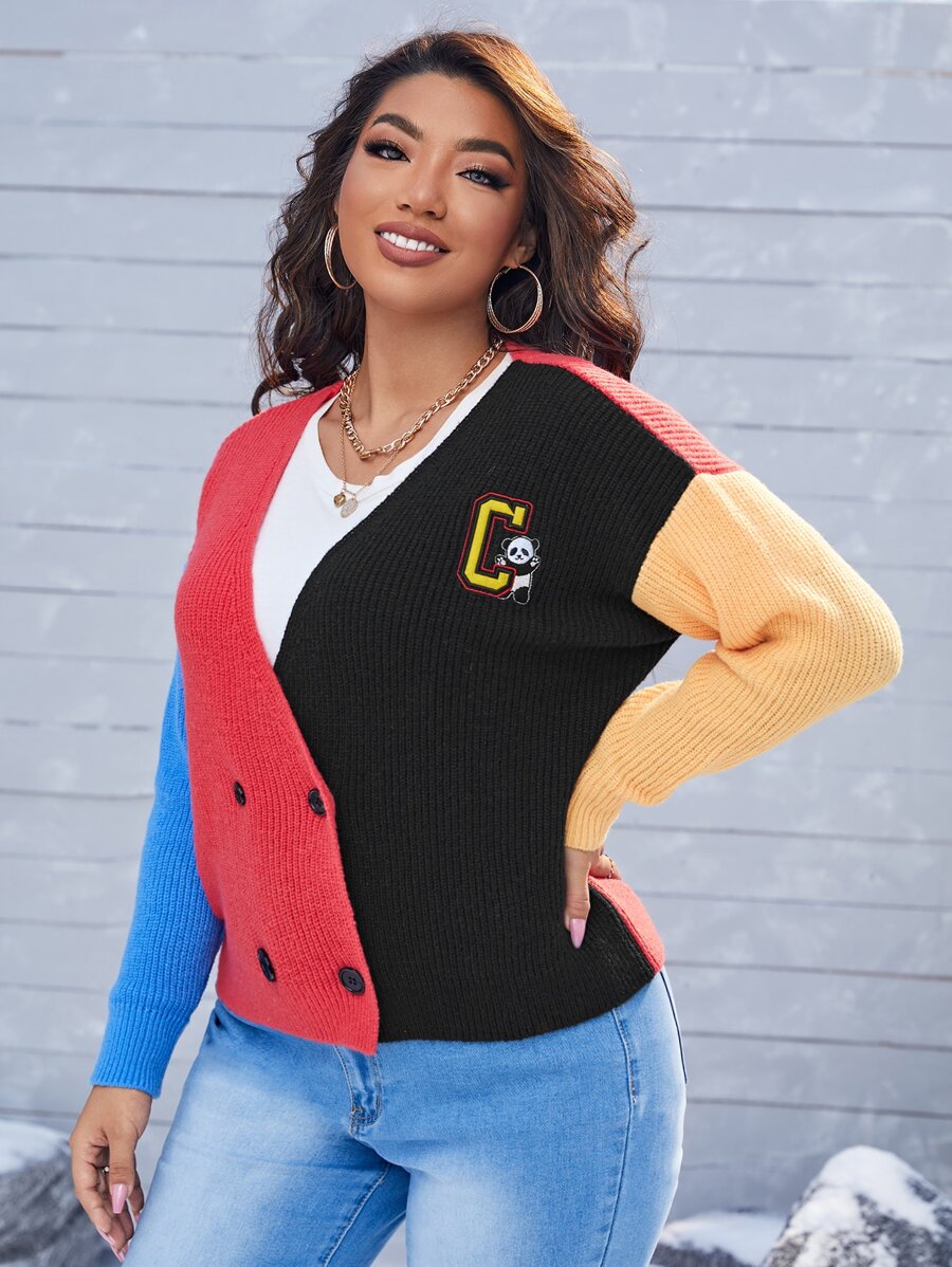 SHEIN EZwear Plus Panda and Letter Patched Detail Colorblock Cardigan - Multicolor - View 1