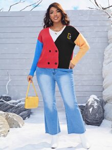 SHEIN EZwear Plus Panda and Letter Patched Detail Colorblock Cardigan - Multicolor - View 4