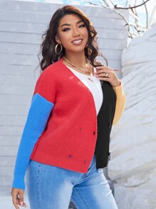 SHEIN EZwear Plus Panda and Letter Patched Detail Colorblock Cardigan - Multicolor - View 5