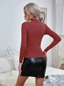 RueChic Jersey de cuello alto tejido de canalé unicolor - Rosa Roja - Ver 2