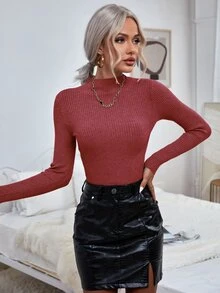 RueChic Jersey de cuello alto tejido de canalé unicolor - Rosa Roja - Ver 3