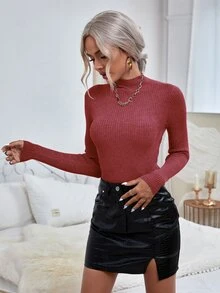 RueChic Jersey de cuello alto tejido de canalé unicolor - Rosa Roja - Ver 4