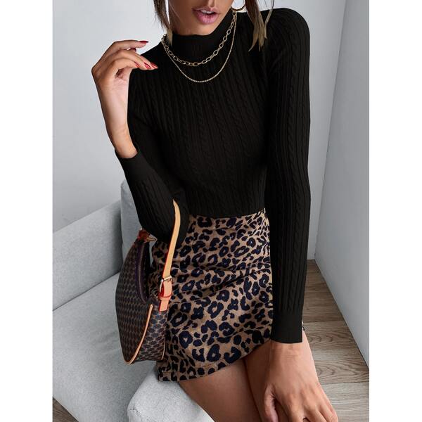 

Mock Neck Cable Knit Slim Fit Sweater, Black