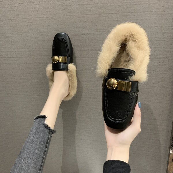 

Metal Decor Fluffy Loafers, Black