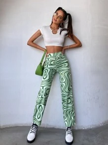 SHEIN Unity 90s High Waist Allover Print Trousers - Green - View 3