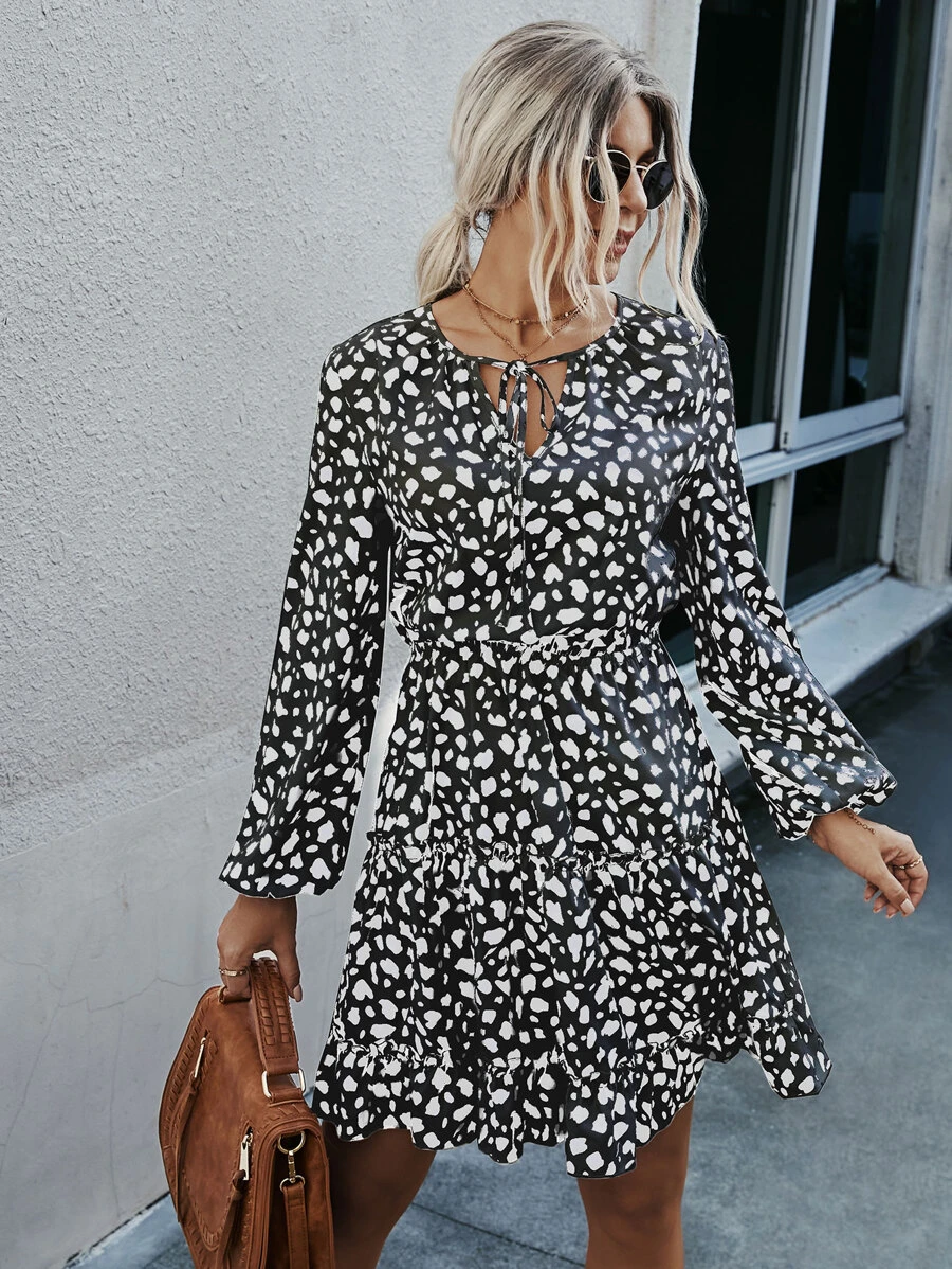 Dalmatian Print Tie Neck Lantern Sleeve Ruffle Hem Dress - Black and White - View 1
