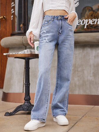 بنطلون جينز بساق مستقيم وممزق بخصر عالي