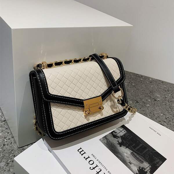 

Colorblock Braided Detail Chain Square Bag, Black and white
