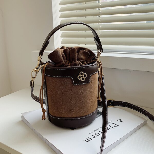 

Metallic Flower Decor Bucket Bag, Coffee brown