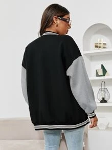 SHEIN Unity Colourblock Letter Patched Drop Shoulder Varsity Jacket - Black - View 2