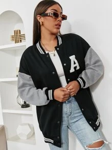 SHEIN Unity Colourblock Letter Patched Drop Shoulder Varsity Jacket - Black - View 3