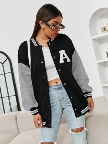 SHEIN Unity Colourblock Letter Patched Drop Shoulder Varsity Jacket - Black - View 4
