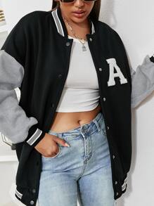 SHEIN Unity Colourblock Letter Patched Drop Shoulder Varsity Jacket - Black - View 5