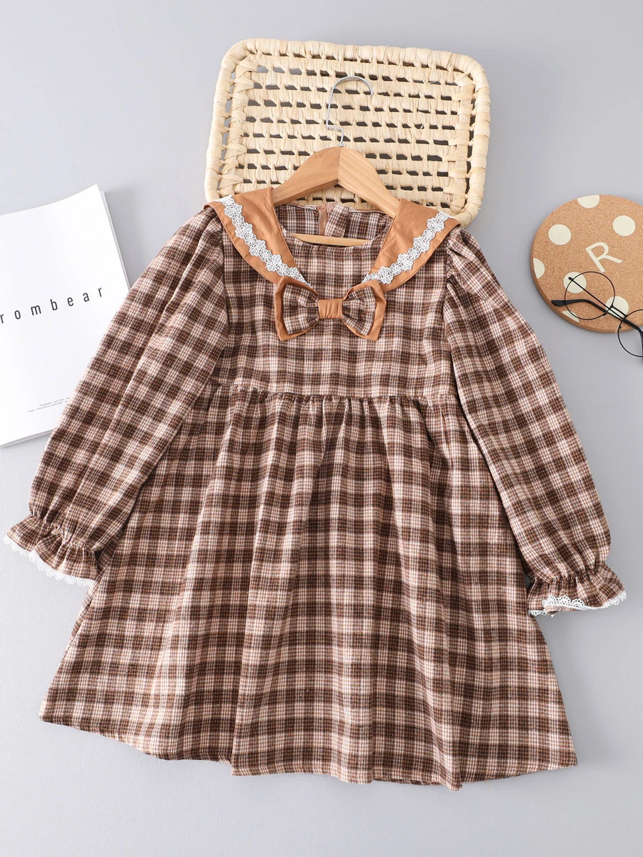 女孩千鳥格印花前蝴蝶結荷葉袖娃娃裙 - 彩色 - 查看 1