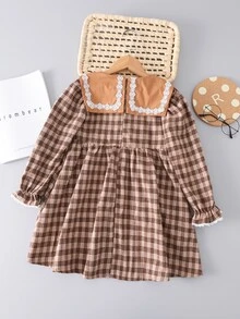 女孩千鳥格印花前蝴蝶結荷葉袖娃娃裙 - 彩色 - 查看 2