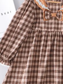 女孩千鳥格印花前蝴蝶結荷葉袖娃娃裙 - 彩色 - 查看 3