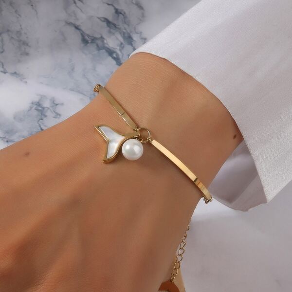 

Faux Pearl & Fishtail Charm Bracelet, Gold