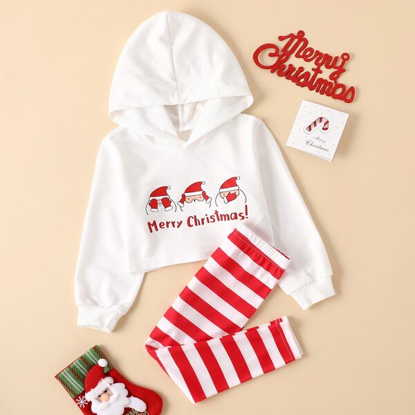 

Toddler Girls Christmas & Letter Graphic Hoodie & Striped Leggings, Red and white