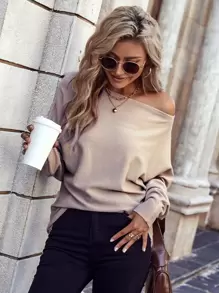 SHEIN LUNE Solid Boat Neck Batwing Sleeve Jumper - Khaki - View 1