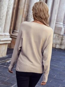 SHEIN LUNE Solid Boat Neck Batwing Sleeve Jumper - Khaki - View 2