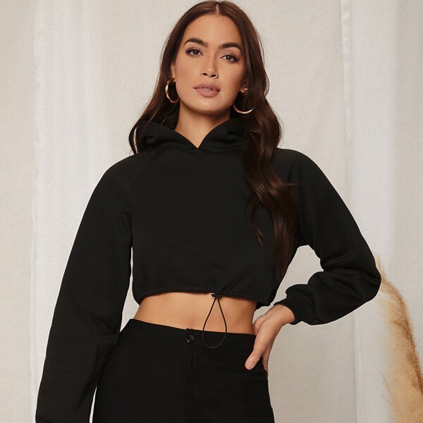 

Drawstring Hem Raglan Sleeve Crop Hoodie, Black