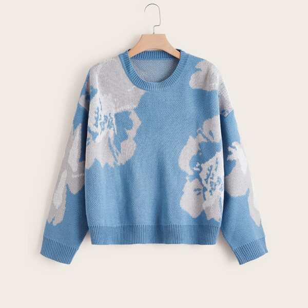 

Plus Floral Pattern Sweater, Blue