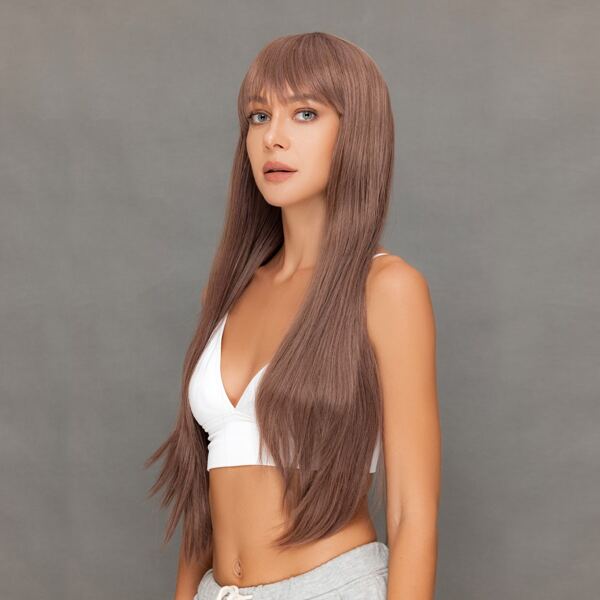 

Natural Long Straight Synthetic Wig With Bangs, Red violet