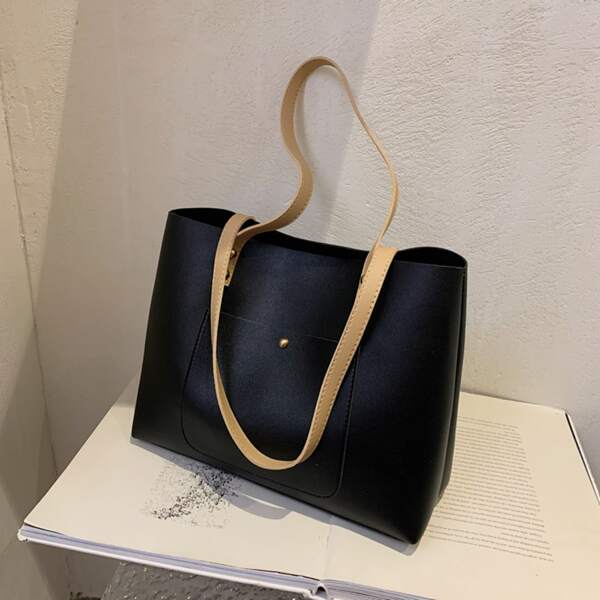 

Pocket Detail Shoulder Tote Bag, Black