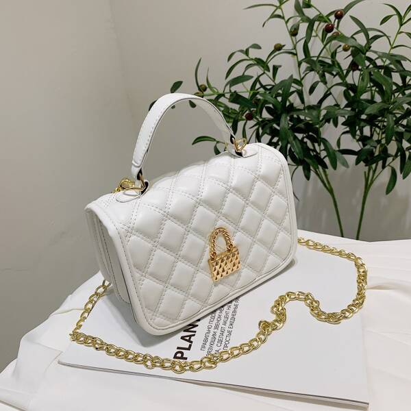 

Quilted Chain Flap Square Bag, White