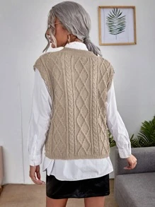 Cable Knit Sweater Vest Without Blouse - Khaki - View 2
