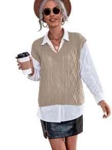 Cable Knit Sweater Vest Without Blouse - Khaki - View 3